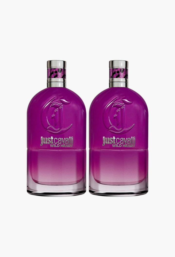 GLAM MODA Just Cavalli Wild Heart Eau de Parfum set featuring two purple glass bottles with leopard print collars