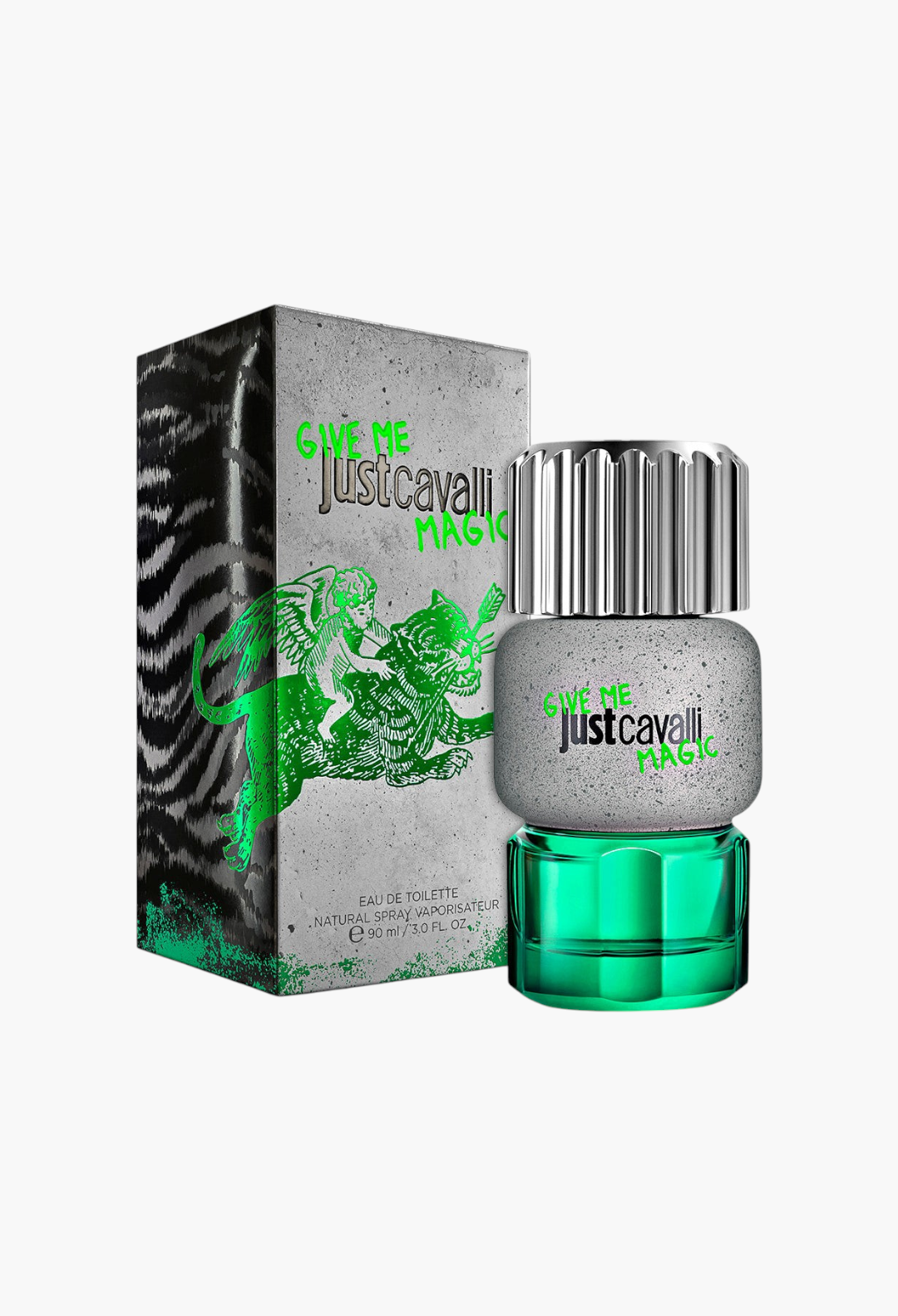 GLAM MODA Just Cavalli Give Me Magic 90ml eau de toilette bottle and box with green and grey animal print design