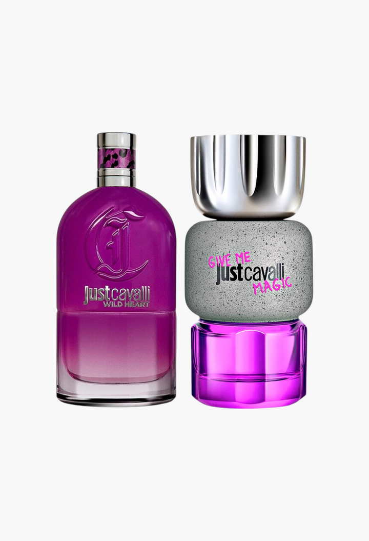 GLAM MODA Just Cavalli Signature Collection set featuring Wild Heart and Give Me Magic 90ml eau de parfum bottles.
