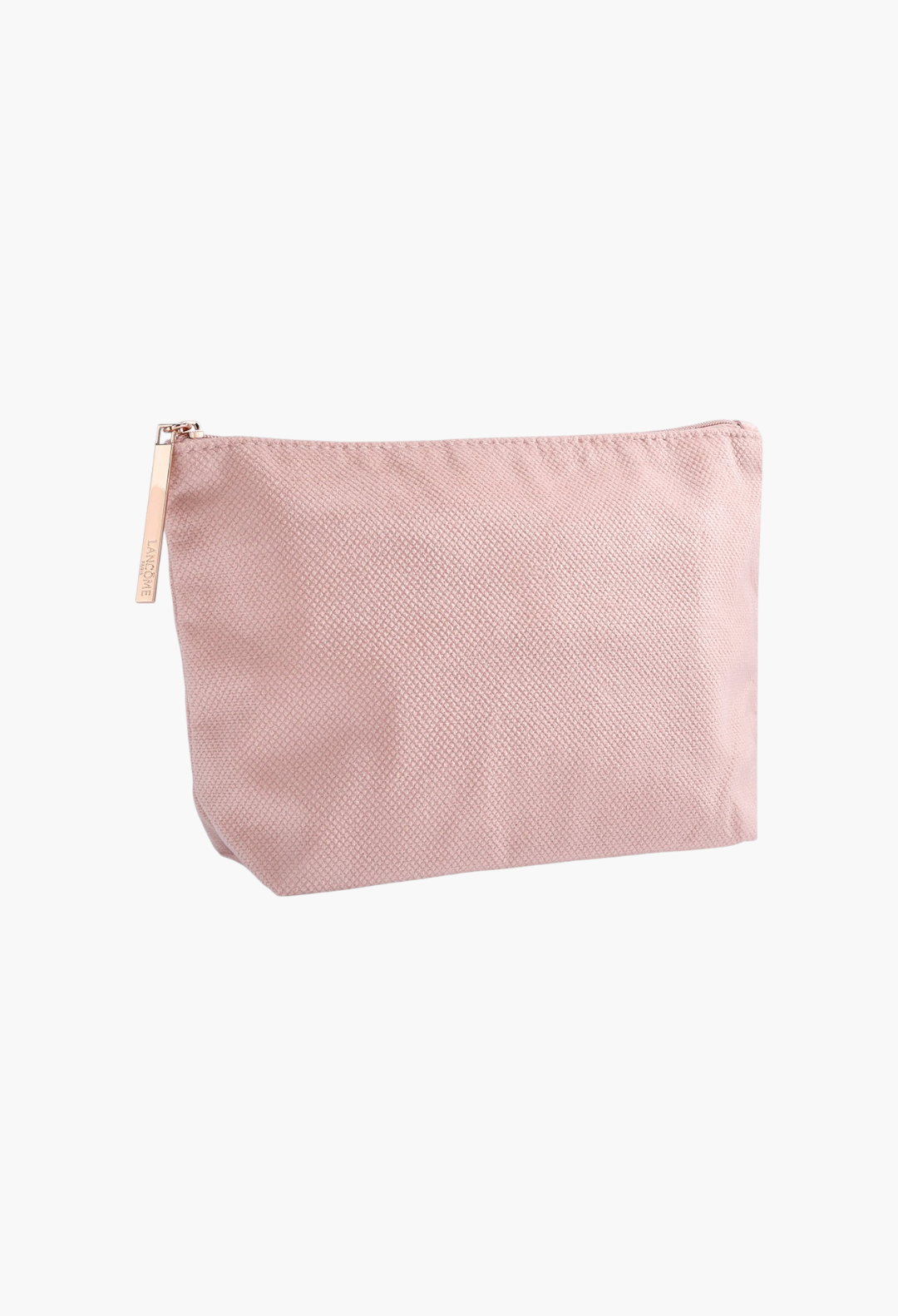 GLAM MODA Lancôme pink textured fabric cosmetic pouch with a rose gold zipper pull