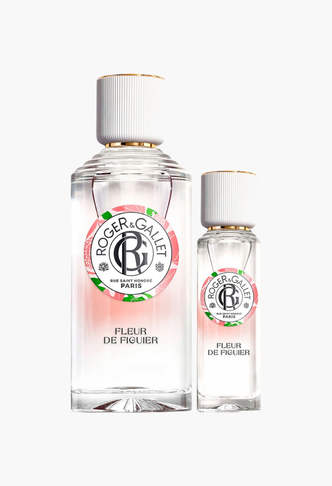 GLAM MODA Roger & Gallet Fleur de Figuier fragrance duo set featuring 100ml and 30ml glass perfume bottles.