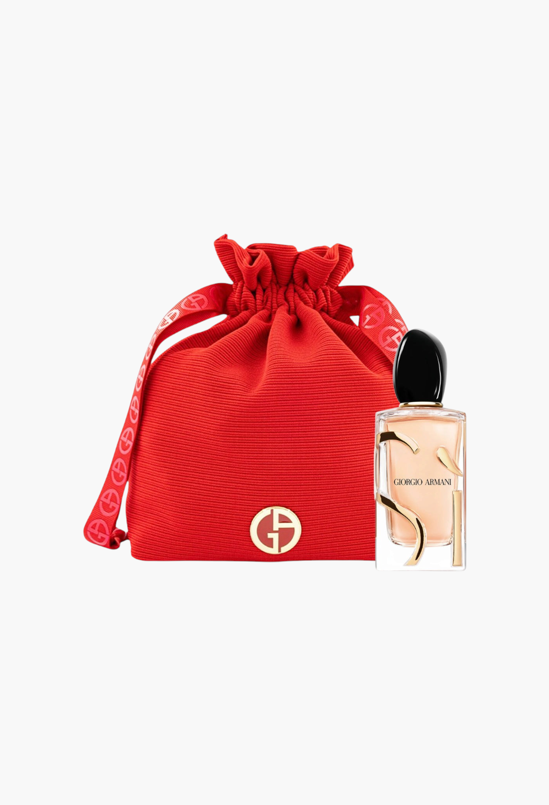 GLAM MODA Armani Beauty Sì Eau de Parfum 100ml bottle next to a red drawstring pouch with gold logo
