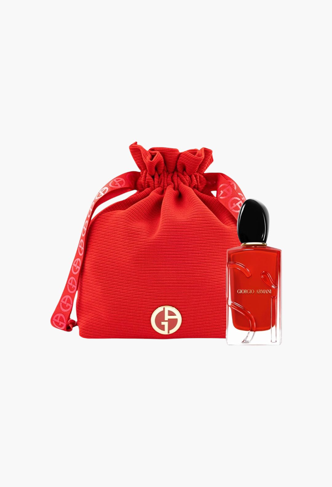 GLAM MODA Armani Beauty Sì Passione 100ml perfume bottle next to a red drawstring pouch with gold logo detail
