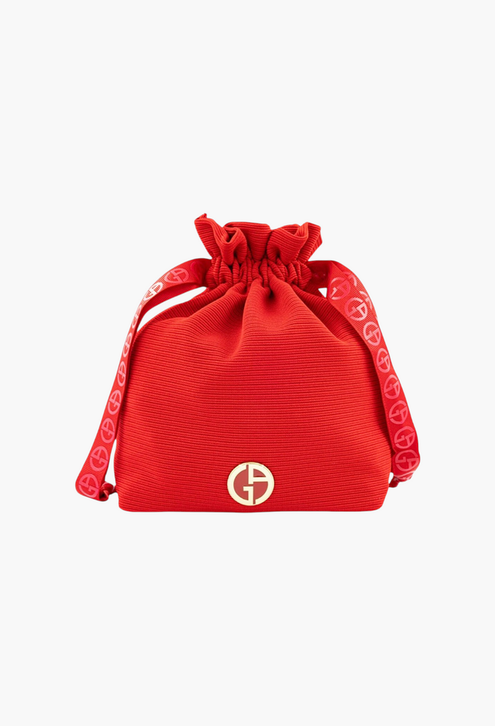 GLAM MODA red drawstring pouch with a gold Armani logo emblem and branded ribbon straps
