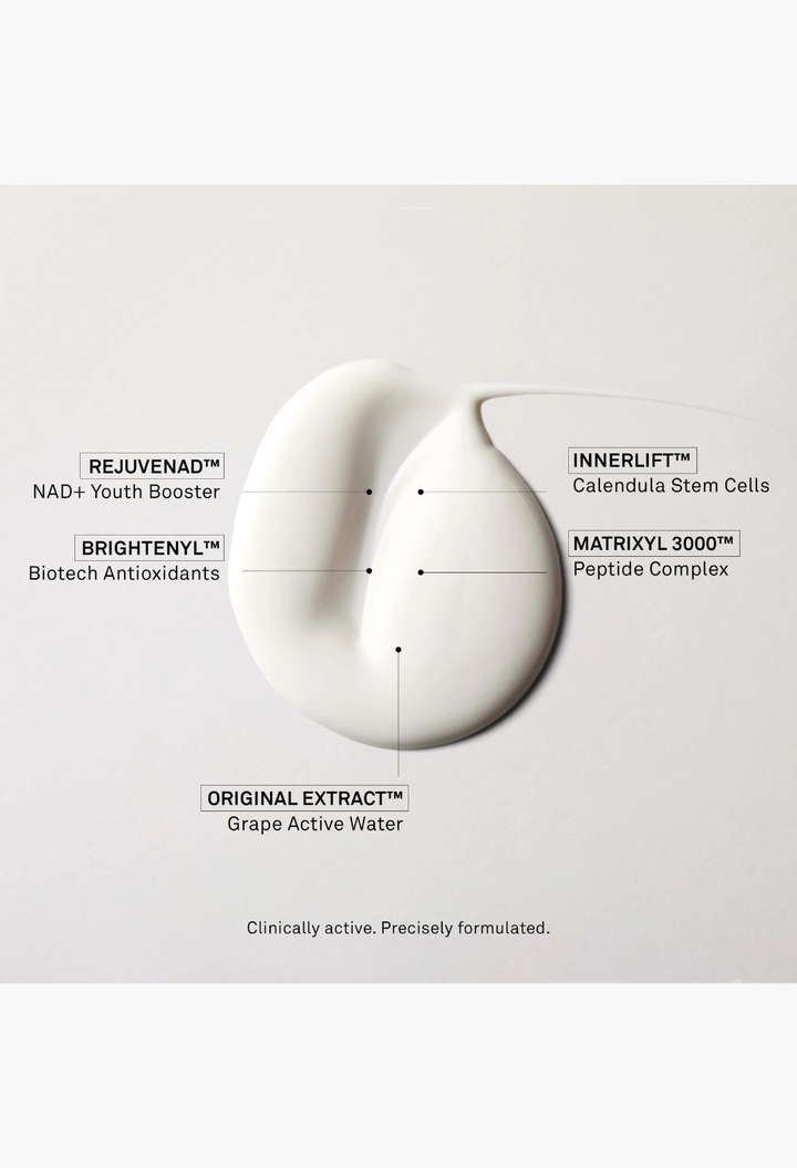 GLAM MODA La Cream skin longevity crème texture swatch featuring key active ingredients like RejuveNAD and Matrixyl 3000