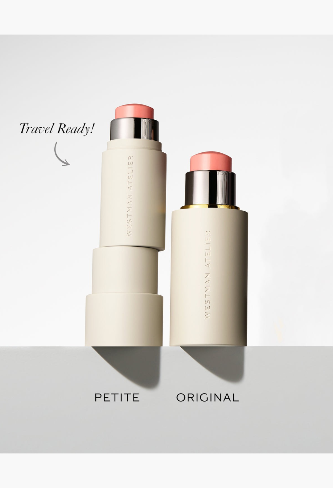 GLAM MODA Baby Cheeks Blush Stick in original and petite travel sizes with creamy pink pigment on a white background