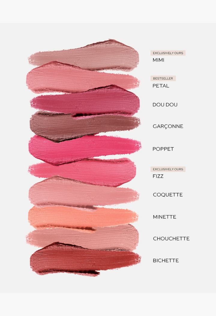 GLAM MODA Baby Cheeks Blush Stick collection showing ten creamy, pigmented swatches in various pink and nude shades.