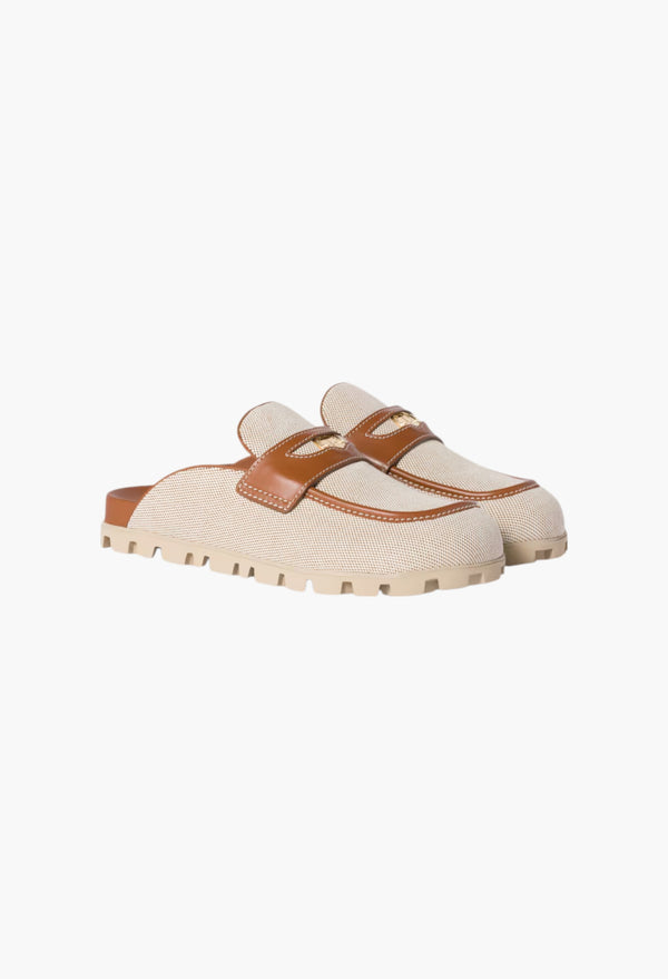 Beige/Brandy - Canvas And Leather Mules