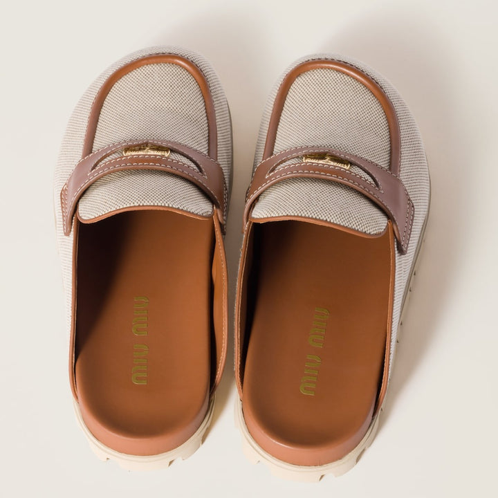 Beige/Brandy - Canvas And Leather Mules - GLAM MODA