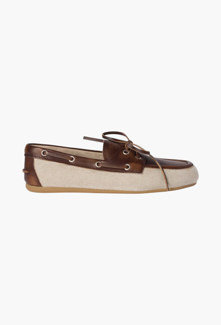 Beige/Brown - Canvas And Bleached Leather Boat Shoes - GLAM MODA