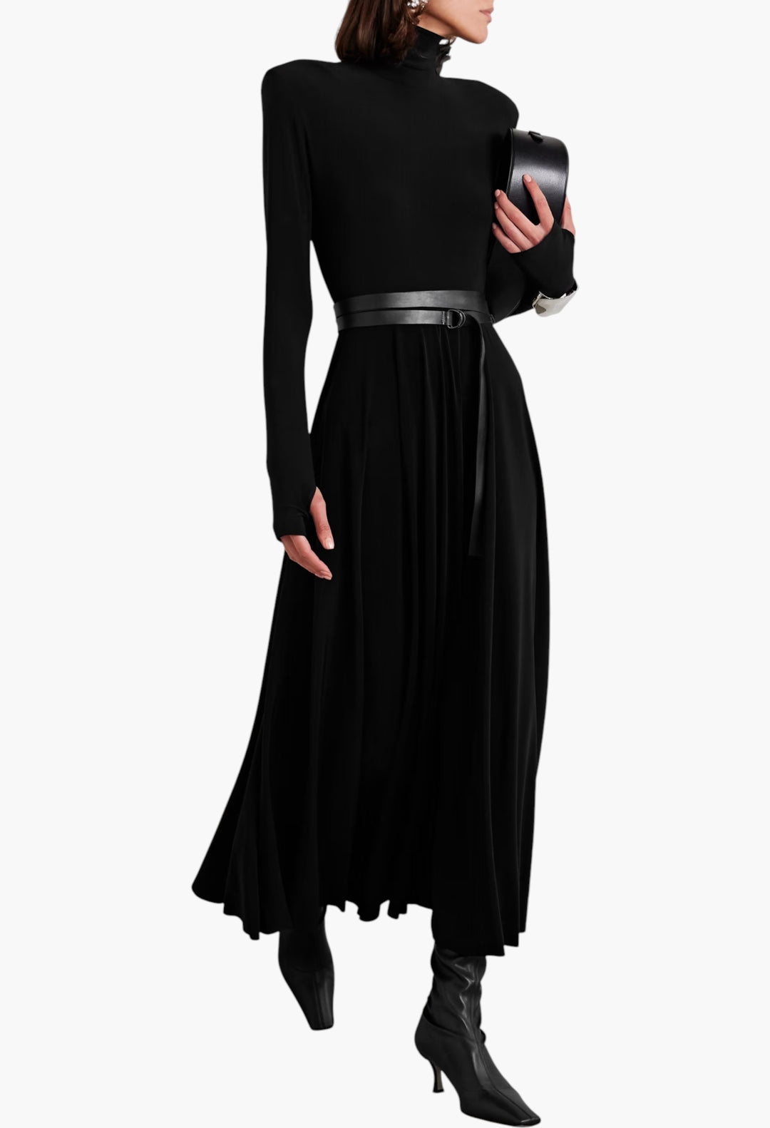 Belted Stretch-Jersey Turtleneck Midi Dress - GLAM MODA
