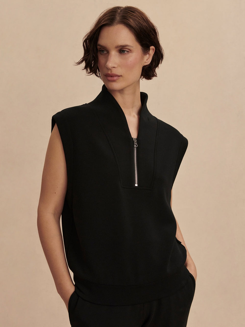 Black - Loretta Half-Zip Sleeveless Sweat - GLAM MODA