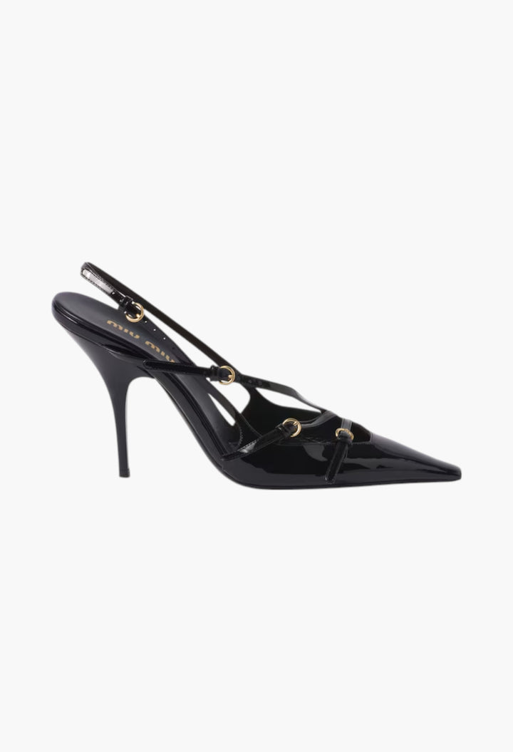 Black - Patent Leather Slingbacks With Buckles - GLAM MODA