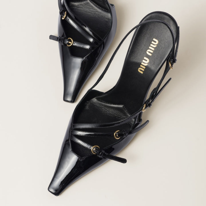 Black - Patent Leather Slingbacks With Buckles - GLAM MODA