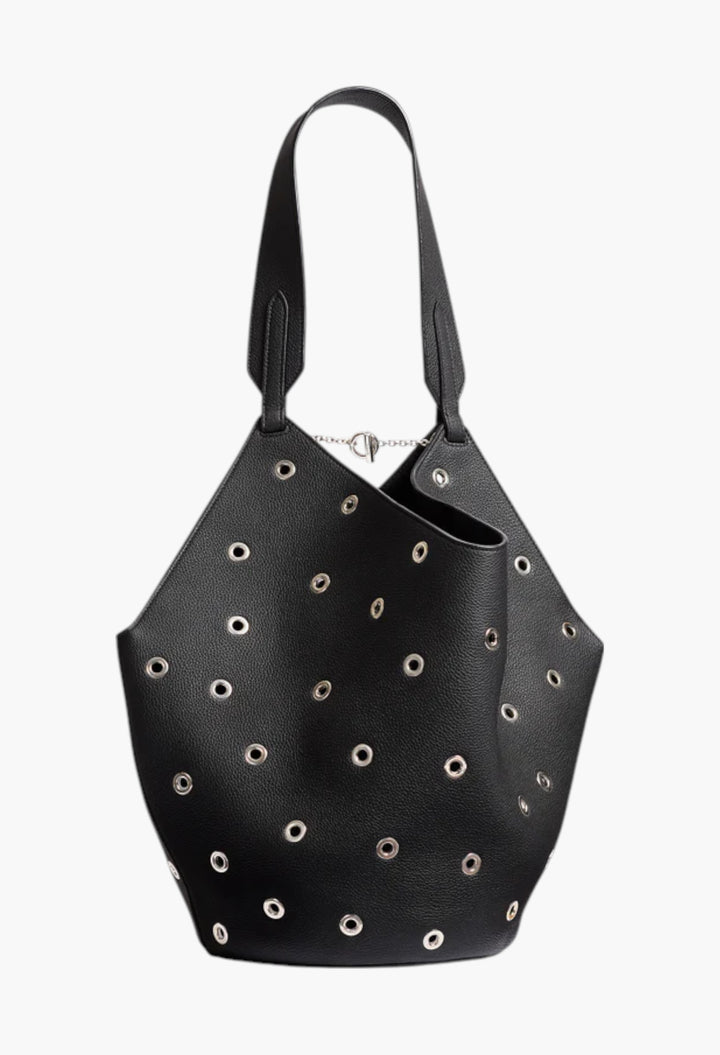 Black Pebbled Leather with Grommets - Small Lotus Tote - GLAM MODA