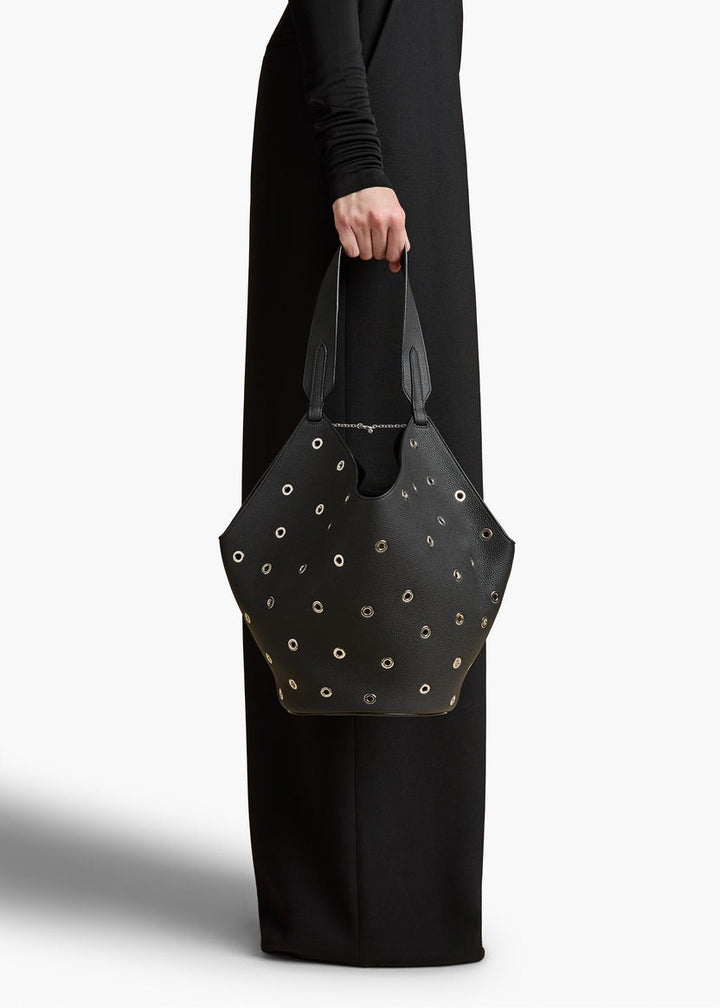 Black Pebbled Leather with Grommets - Small Lotus Tote - GLAM MODA
