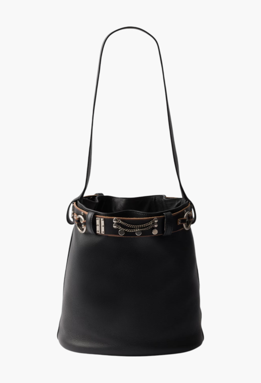 Black - Prada Buckle Leather Bucket Bag With Studded Belt - GLAM MODA