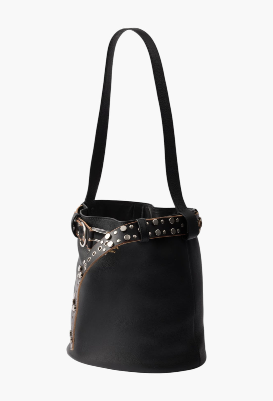 Black - Prada Buckle Leather Bucket Bag With Studded Belt - GLAM MODA