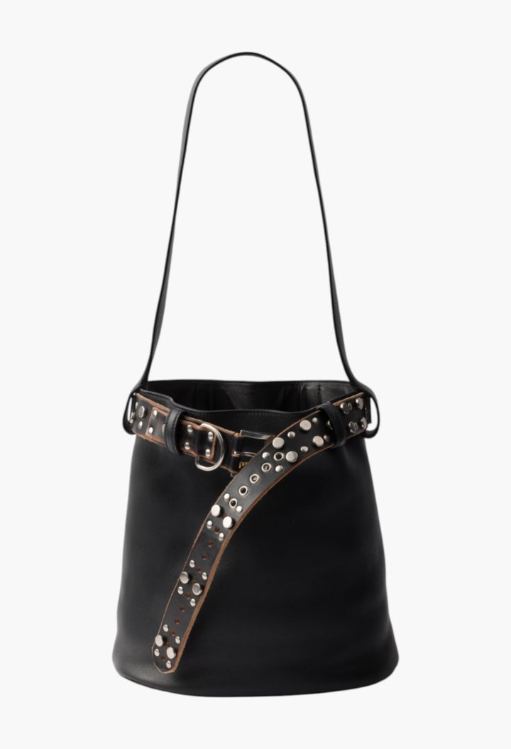 Black - Prada Buckle Leather Bucket Bag With Studded Belt - GLAM MODA