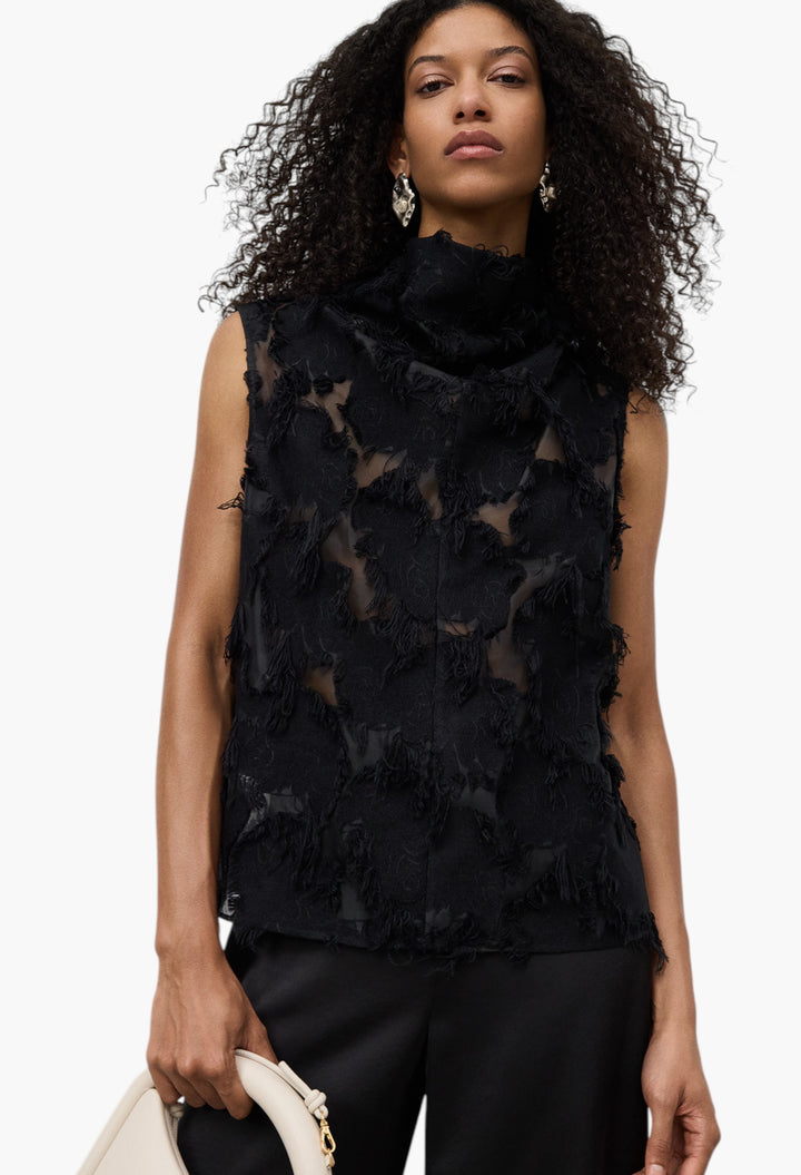 Black - Semi-Sheer Top With Fringe Details Woman - GLAM MODA
