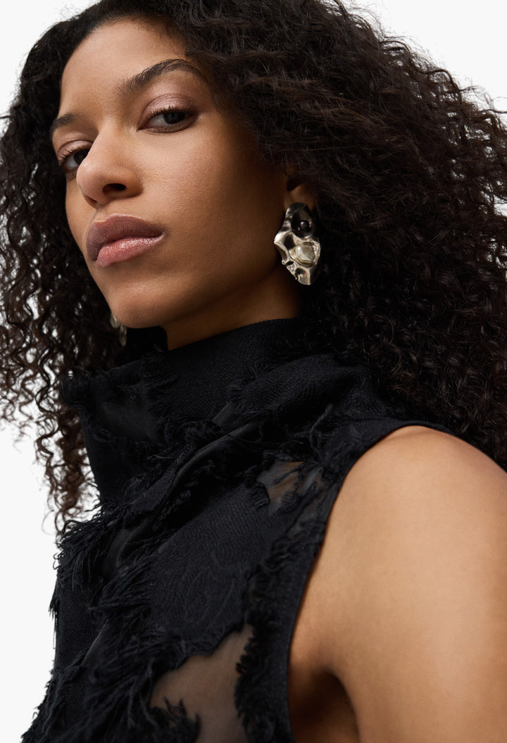 Black - Semi-Sheer Top With Fringe Details Woman - GLAM MODA