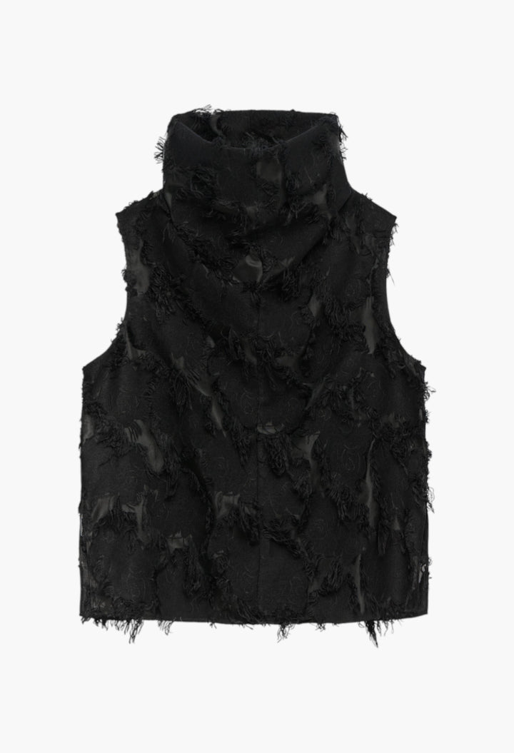 Black - Semi-Sheer Top With Fringe Details Woman - GLAM MODA