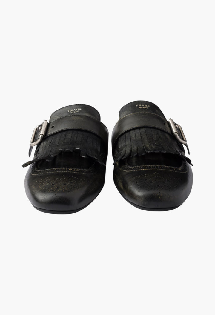 Black - Shuffle Fringed Leather Mules - GLAM MODA