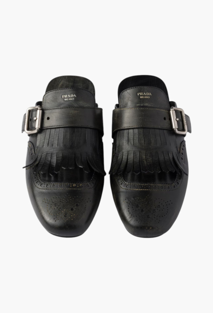 Black - Shuffle Fringed Leather Mules - GLAM MODA