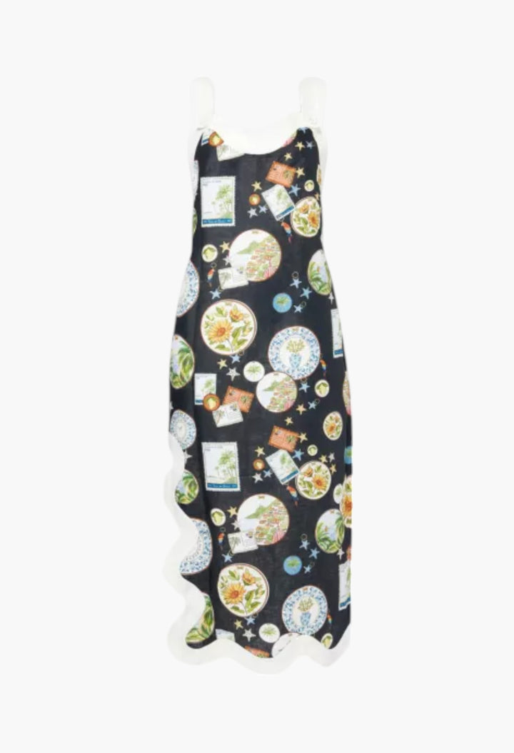 Black - Trip Souvenir Wavy-Trims Linen Maxi Dress - GLAM MODA