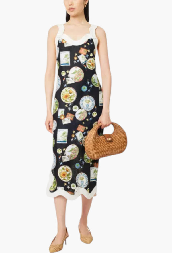 Black - Trip Souvenir Wavy-Trims Linen Maxi Dress