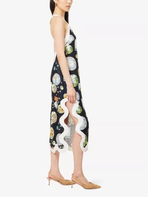 Black - Trip Souvenir Wavy-Trims Linen Maxi Dress - GLAM MODA