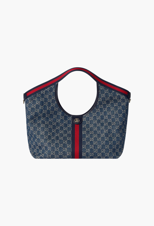 Blue And White GG Denim - Gucci Giglio Large Tote Bag