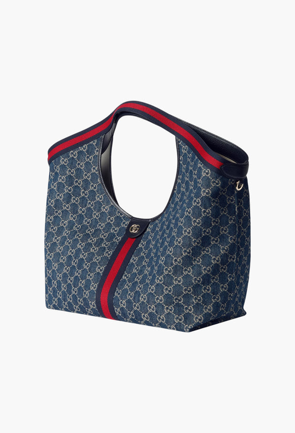 Blue And White GG Denim - Gucci Giglio Large Tote Bag