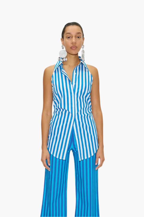 Blue Stripe - Loch Striped Sleeveless Poplin Button Up