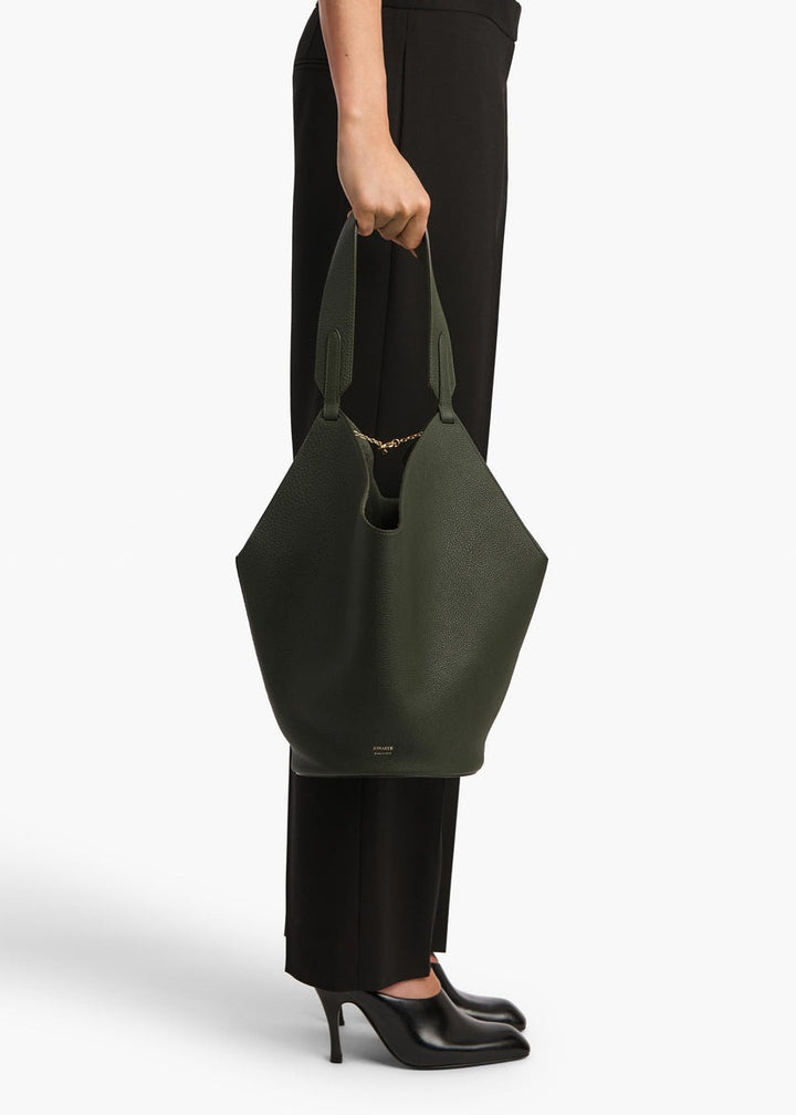 Bottle Green Pebbled Leather - Small Lotus Tote - GLAM MODA