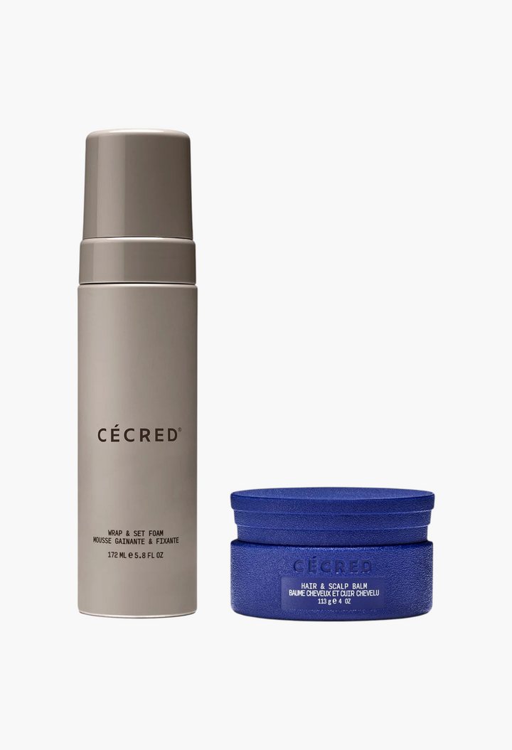 GLAM MODA Braid-Out Bundle featuring a beige Wrap & Set Foam bottle and a blue Hair & Scalp Balm jar.