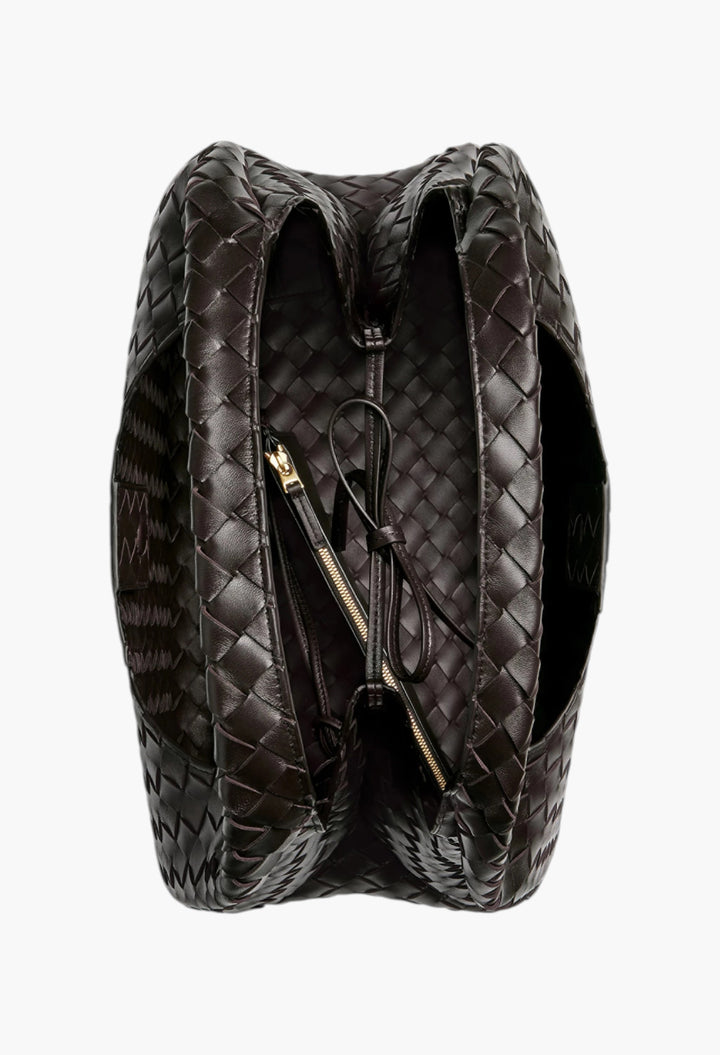 Brown - Large Campana Shoulder Bag in Intrecciato Leather - GLAM MODA