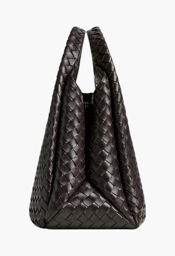 Brown - Large Campana Shoulder Bag in Intrecciato Leather - GLAM MODA