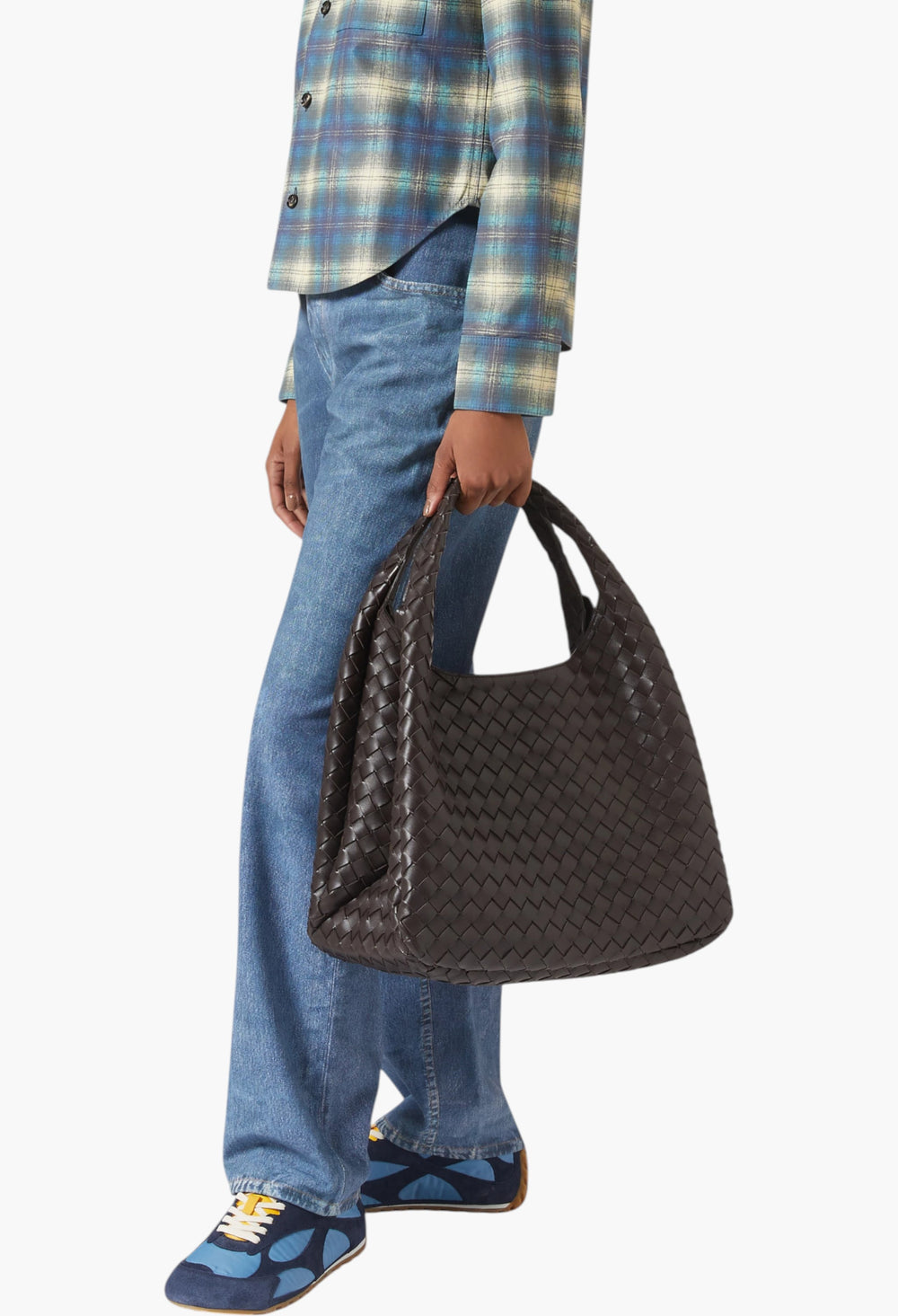 Brown - Large Campana Shoulder Bag in Intrecciato Leather - GLAM MODA