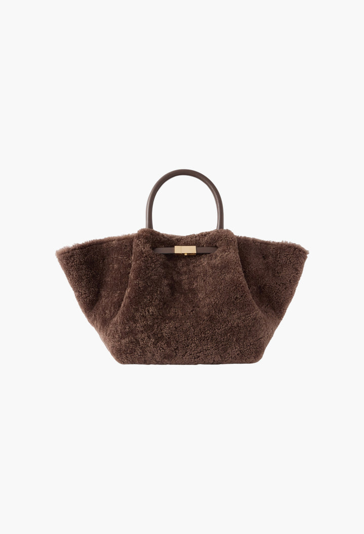 Brown - New York Midi Leather-Trimmed Shearling Tote - GLAM MODA