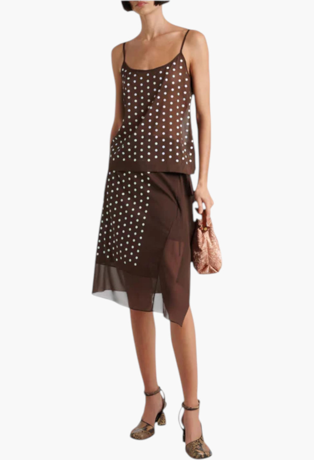 Brown - Polka-Dot Silk-Blend Midi Skirt - GLAM MODA