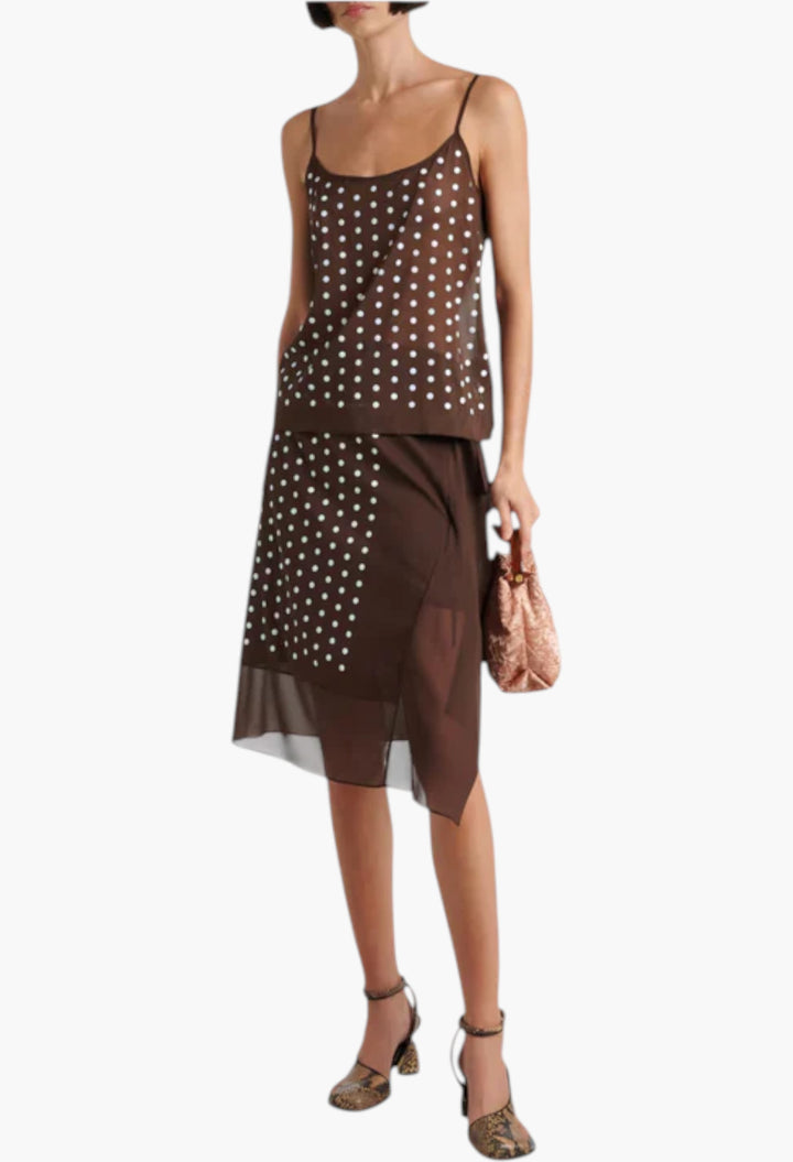 Brown - Polka-Dot Silk-Blend Midi Skirt - GLAM MODA