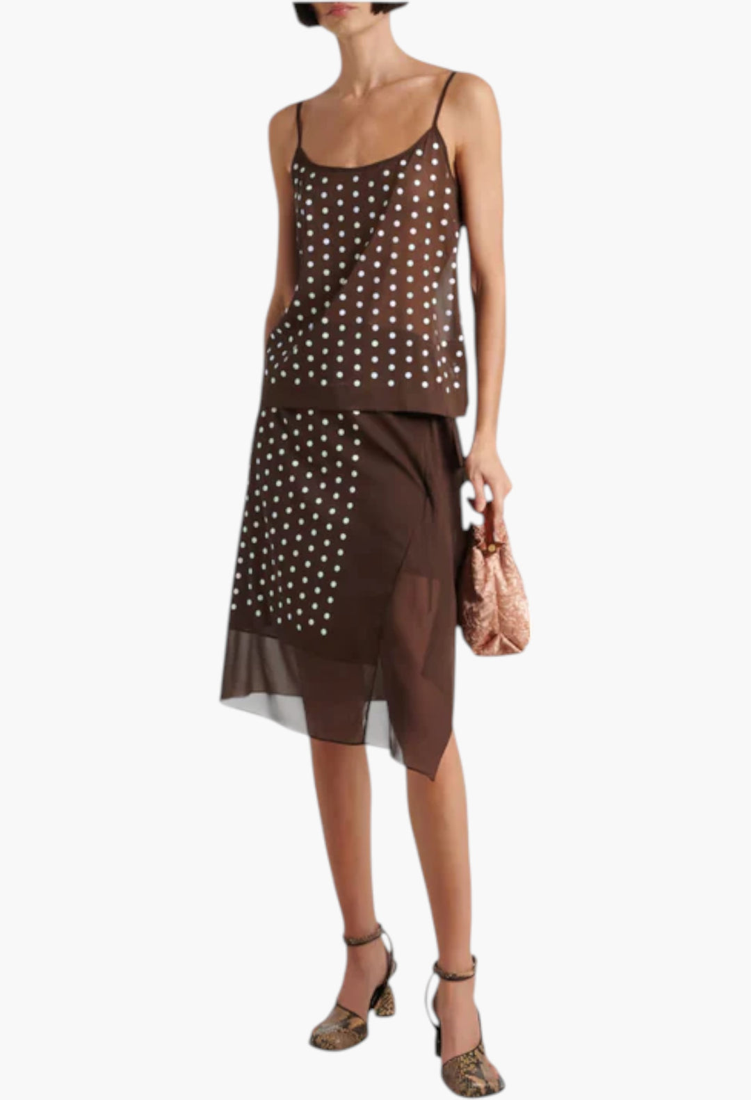 Brown - Polka-Dot Silk-Blend Tank Top - GLAM MODA