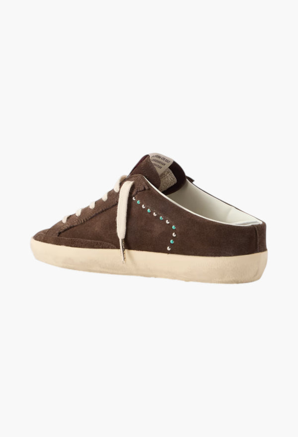 Brown - Super-Star Sabot Distressed Leather-Trimmed Studded Suede Slip-On Sneakers