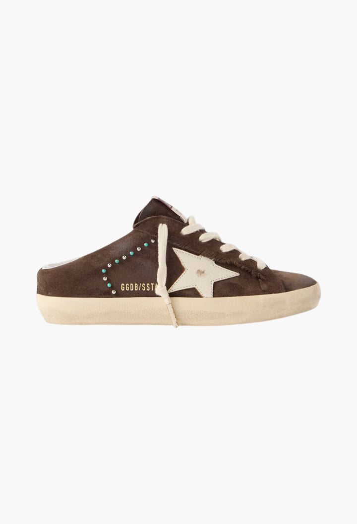 Brown - Super-Star Sabot Distressed Leather-Trimmed Studded Suede Slip-On Sneakers - GLAM MODA