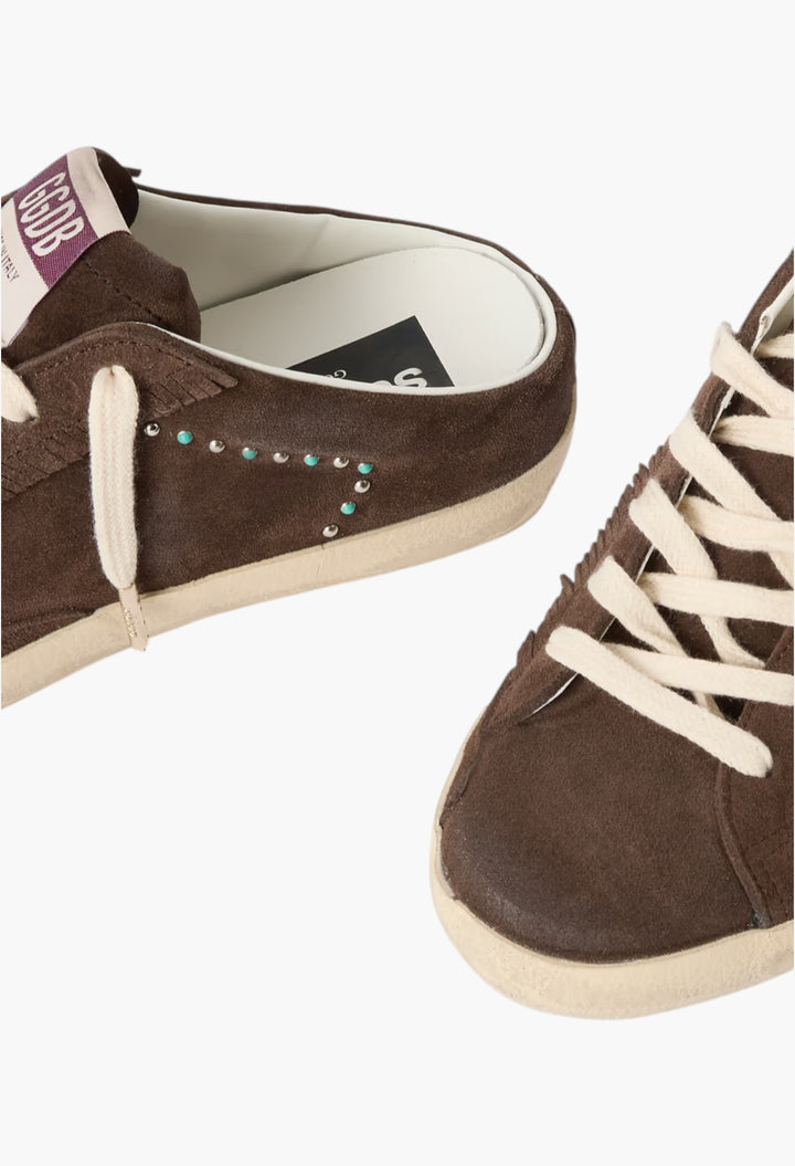 Brown - Super-Star Sabot Distressed Leather-Trimmed Studded Suede Slip-On Sneakers - GLAM MODA