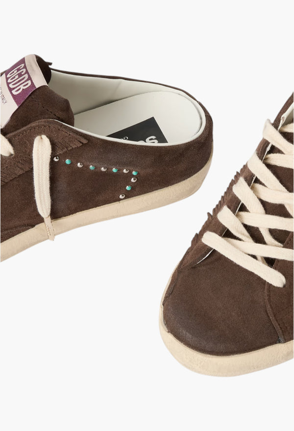 Brown - Super-Star Sabot Distressed Leather-Trimmed Studded Suede Slip-On Sneakers
