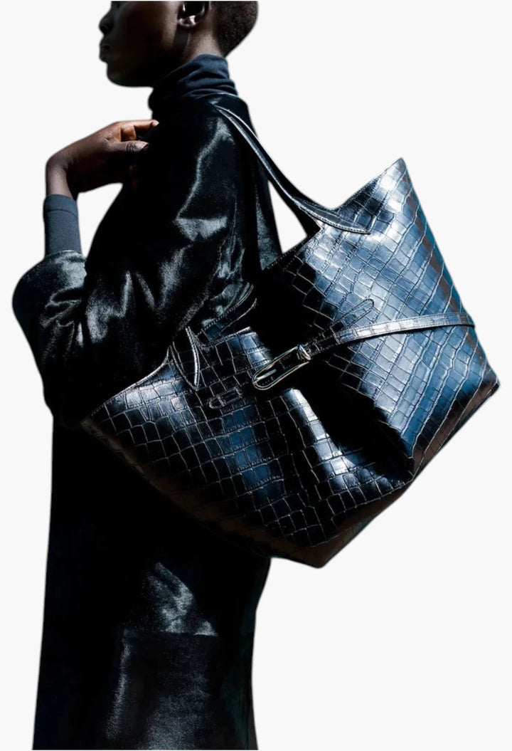 Belted Tote Black Croc