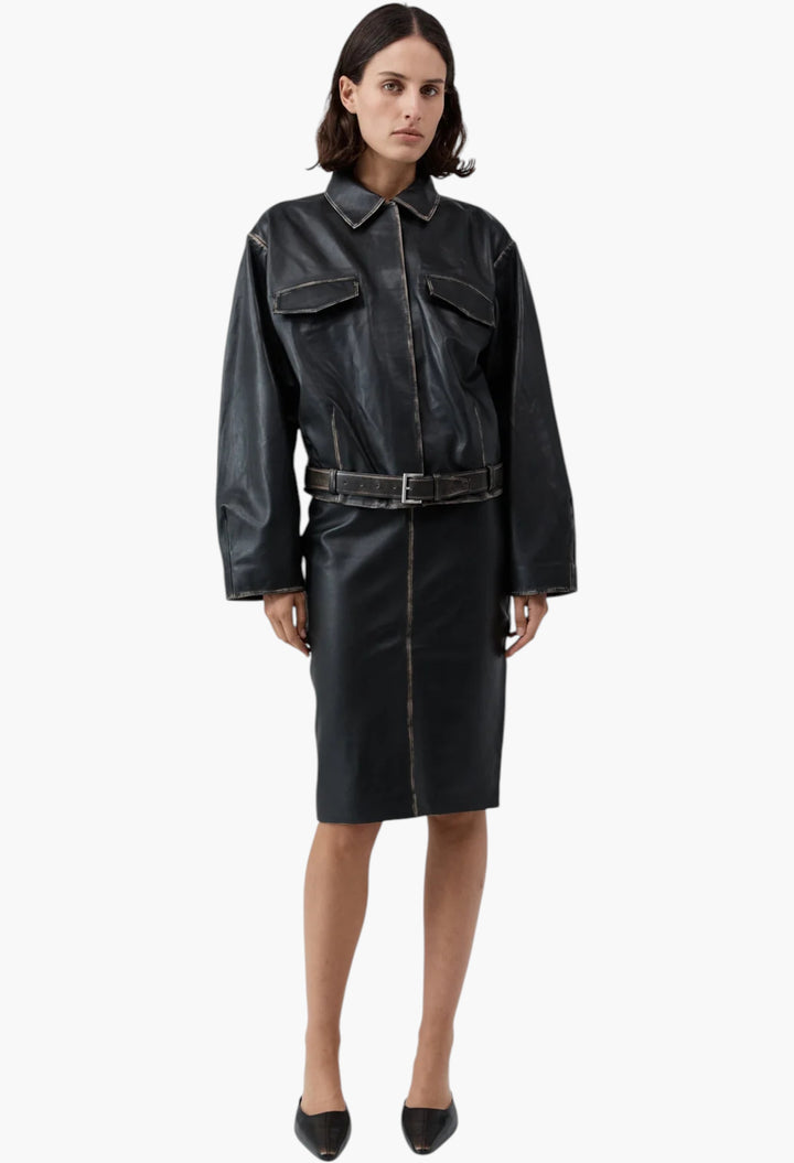 Brushed Leather Belted Jacket - GLAM MODA