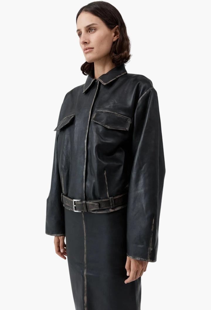 Brushed Leather Belted Jacket - GLAM MODA